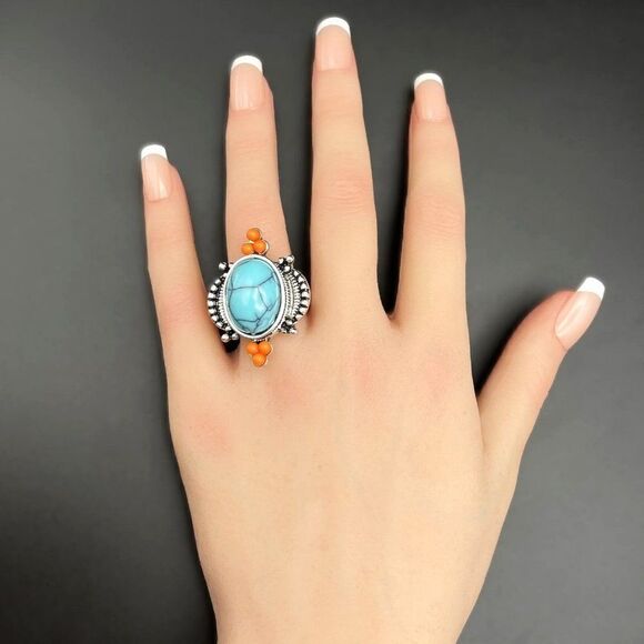 925 Sterling Silver with Turquoise and Enamel Boho Statement Ring Size 8 - Picture 8 of 9